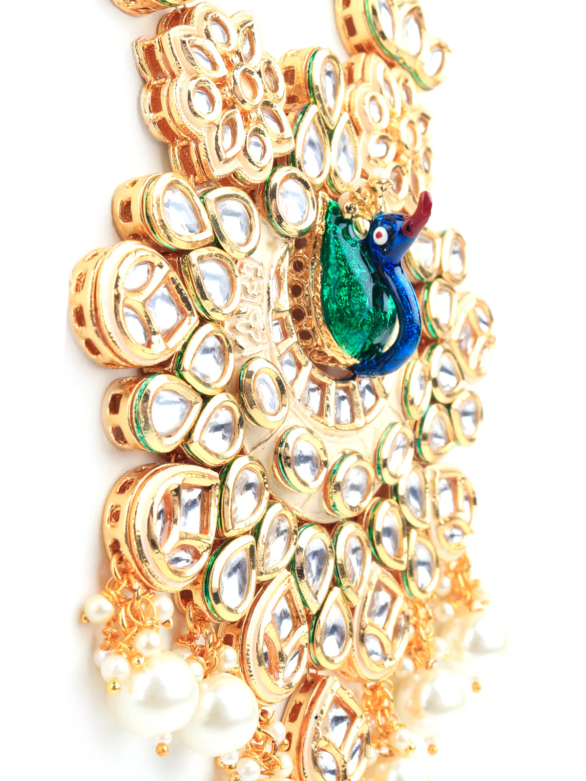 Odette Women White And Green Peacock Bridal Long Necklace Set With Earrings - Image 5