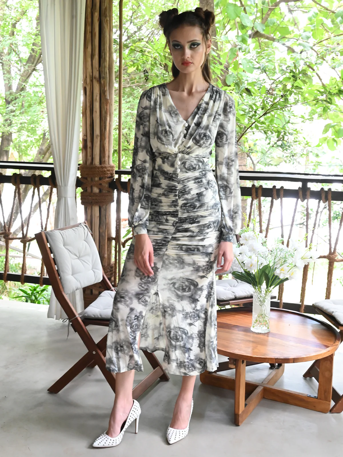 Odette Women White And Grey Net Printed Lycra Long Dress - Image 2