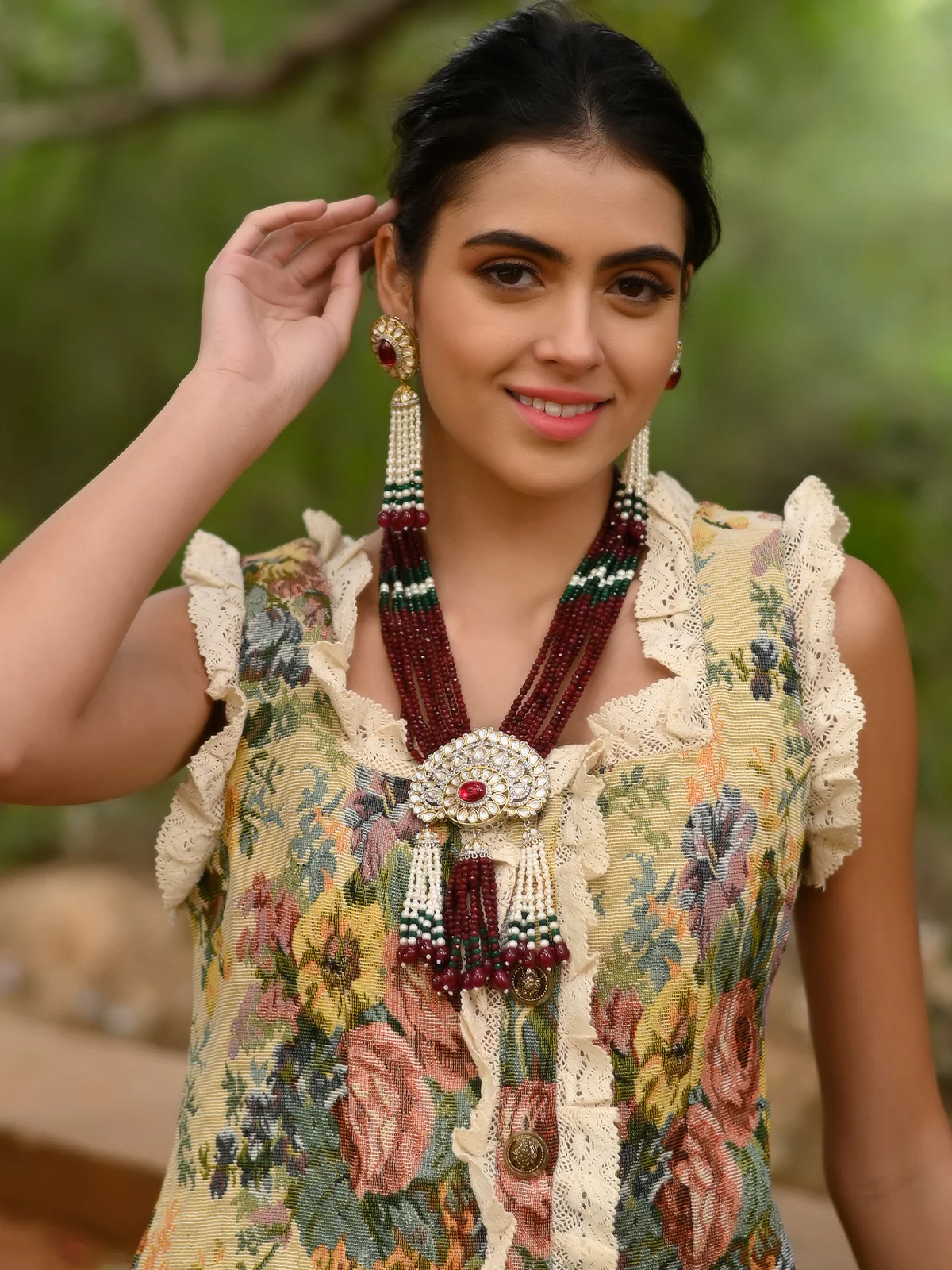 Odette Women White And Maroon Long Necklace Set - Image 2