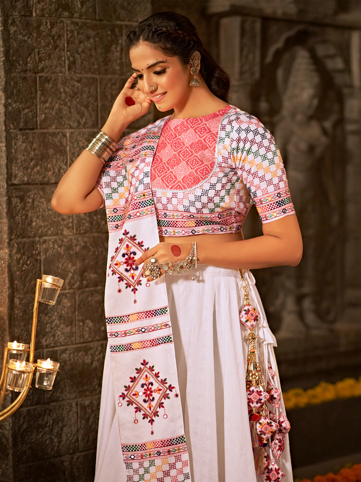 Odette White And Pink Jacquard Cotton Embroidered Semi Stitched Lehenga Choli For Women - Image 3
