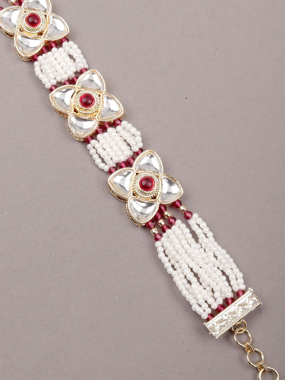 Odette Women White And Red Beaded Floral Bracelet - Image 5