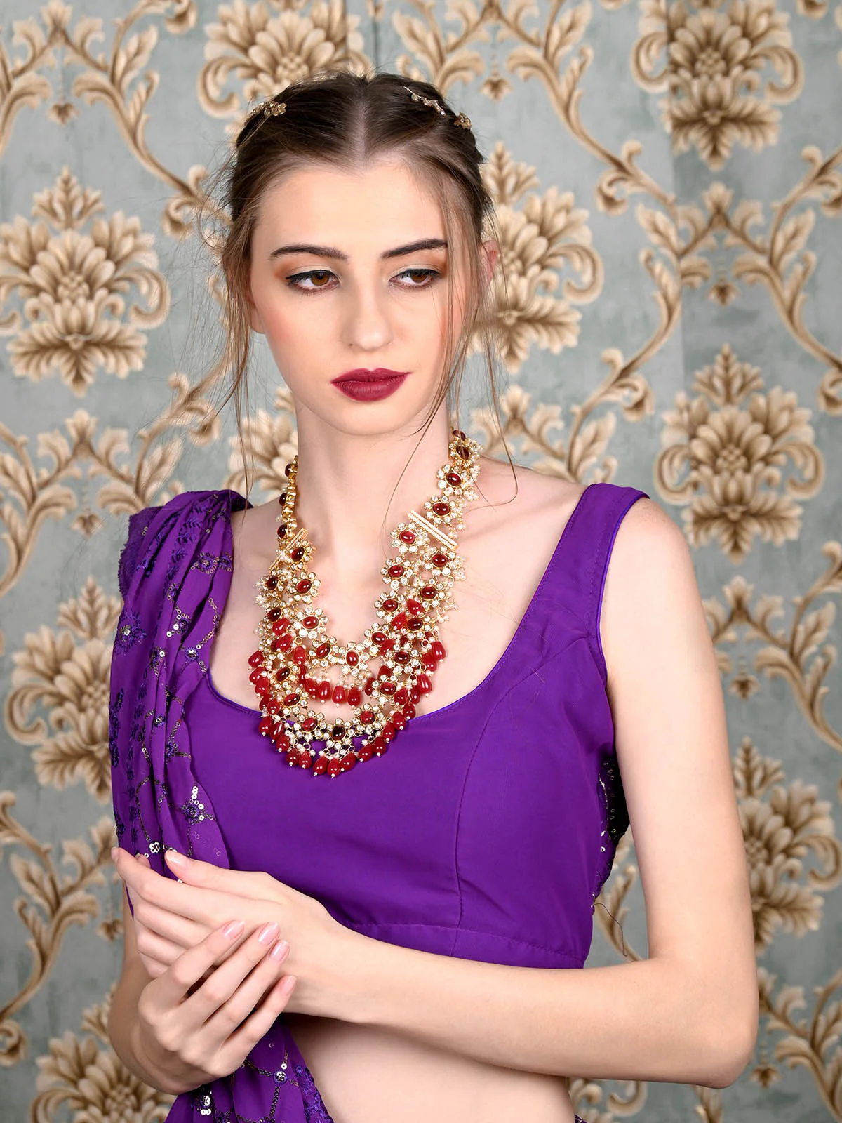 Odette Women White And Red Choker Necklace Set - Image 2
