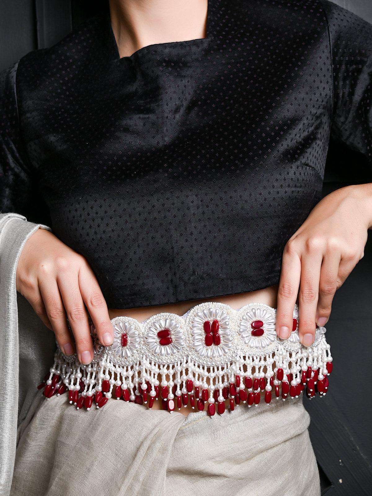 Odette Women White And Red Pearl Beads Velvet Base Belt - Image 2