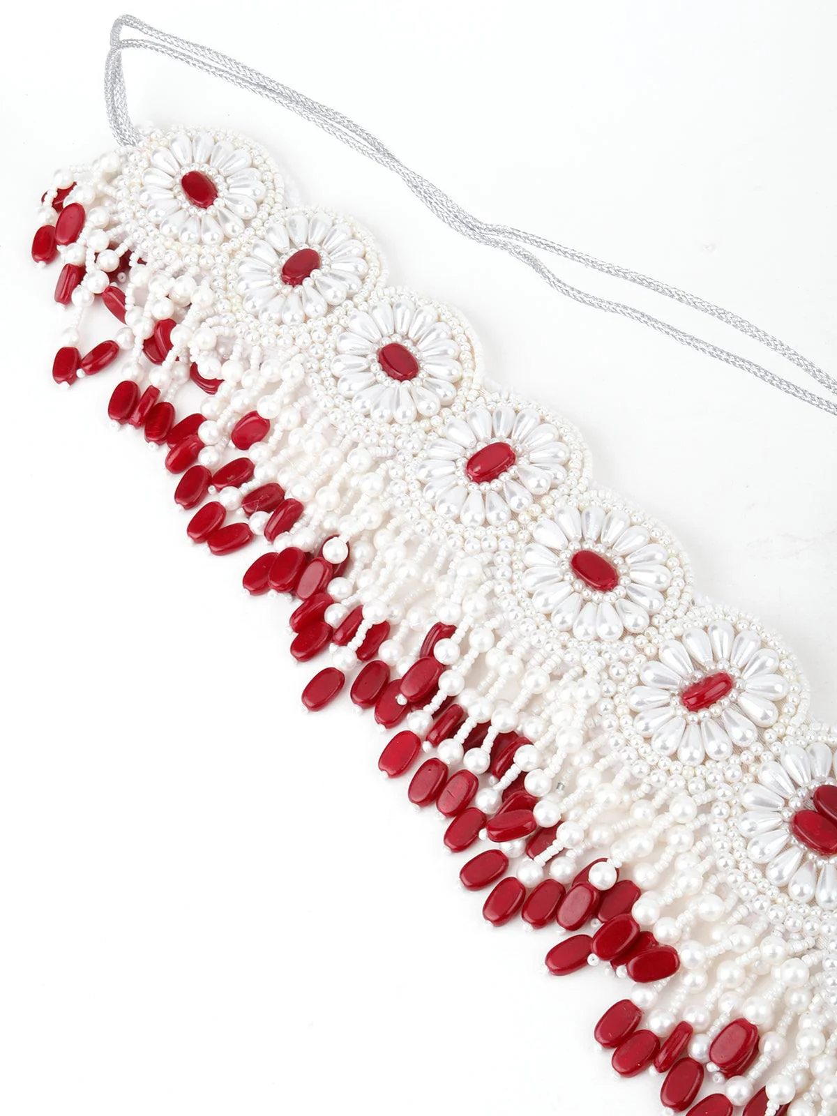 Odette Women White And Red Pearl Beads Velvet Base Belt - Image 6