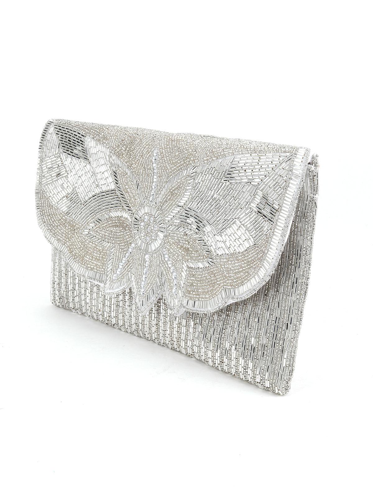 Odette Women Silver Beaded Alluring Envelope Clutch - Image 4