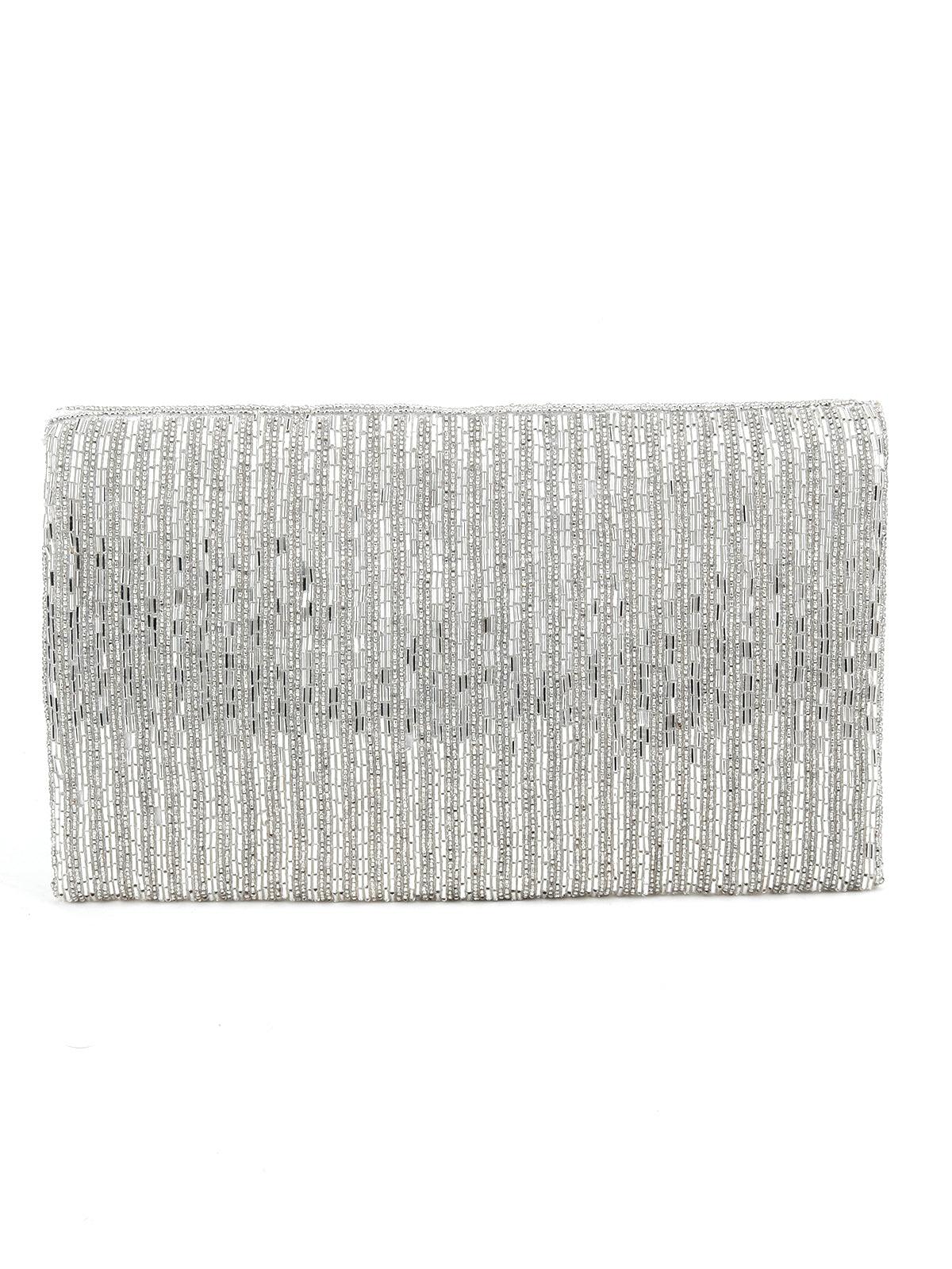 Odette Women Silver Beaded Alluring Envelope Clutch - Image 5