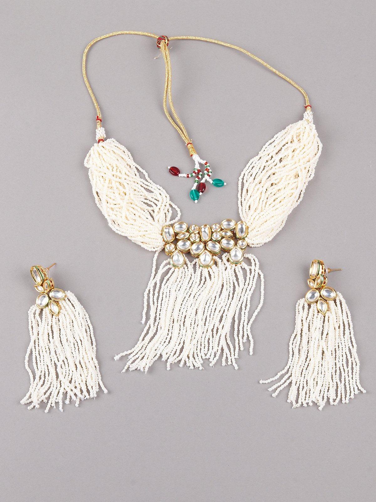 Odette Women White Beaded Kundan Work Tassel Necklace Set - Image 3