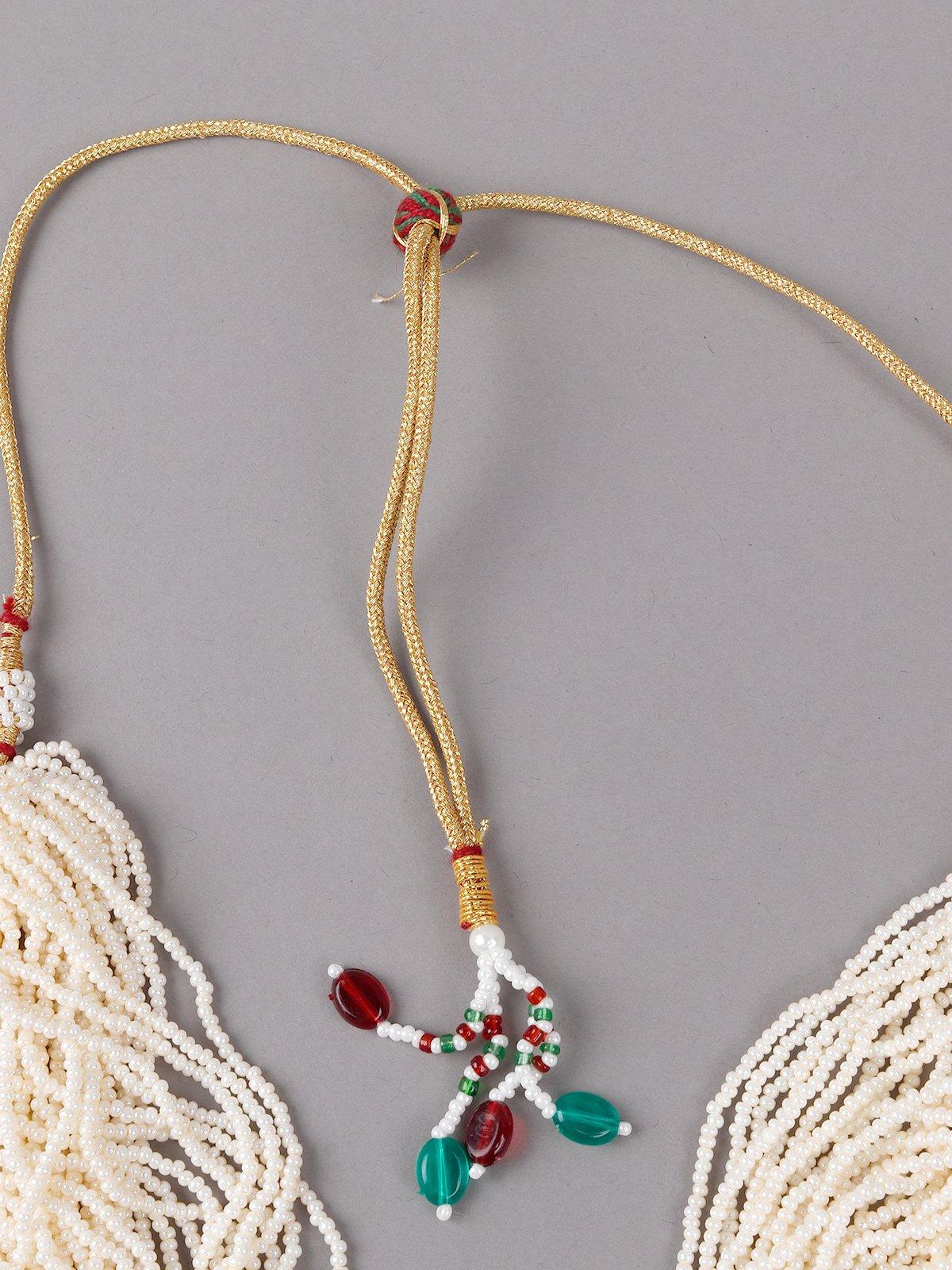 Odette Women White Beaded Kundan Work Tassel Necklace Set - Image 5