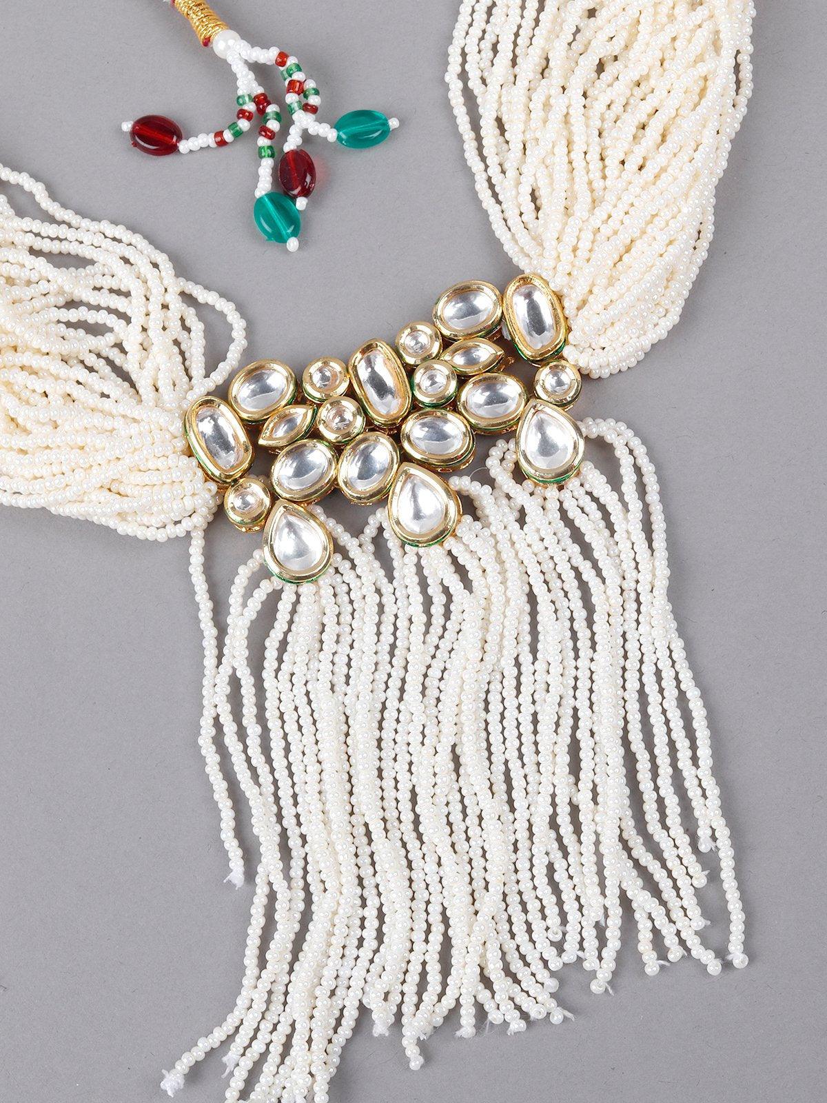Odette Women White Beaded Kundan Work Tassel Necklace Set - Image 6