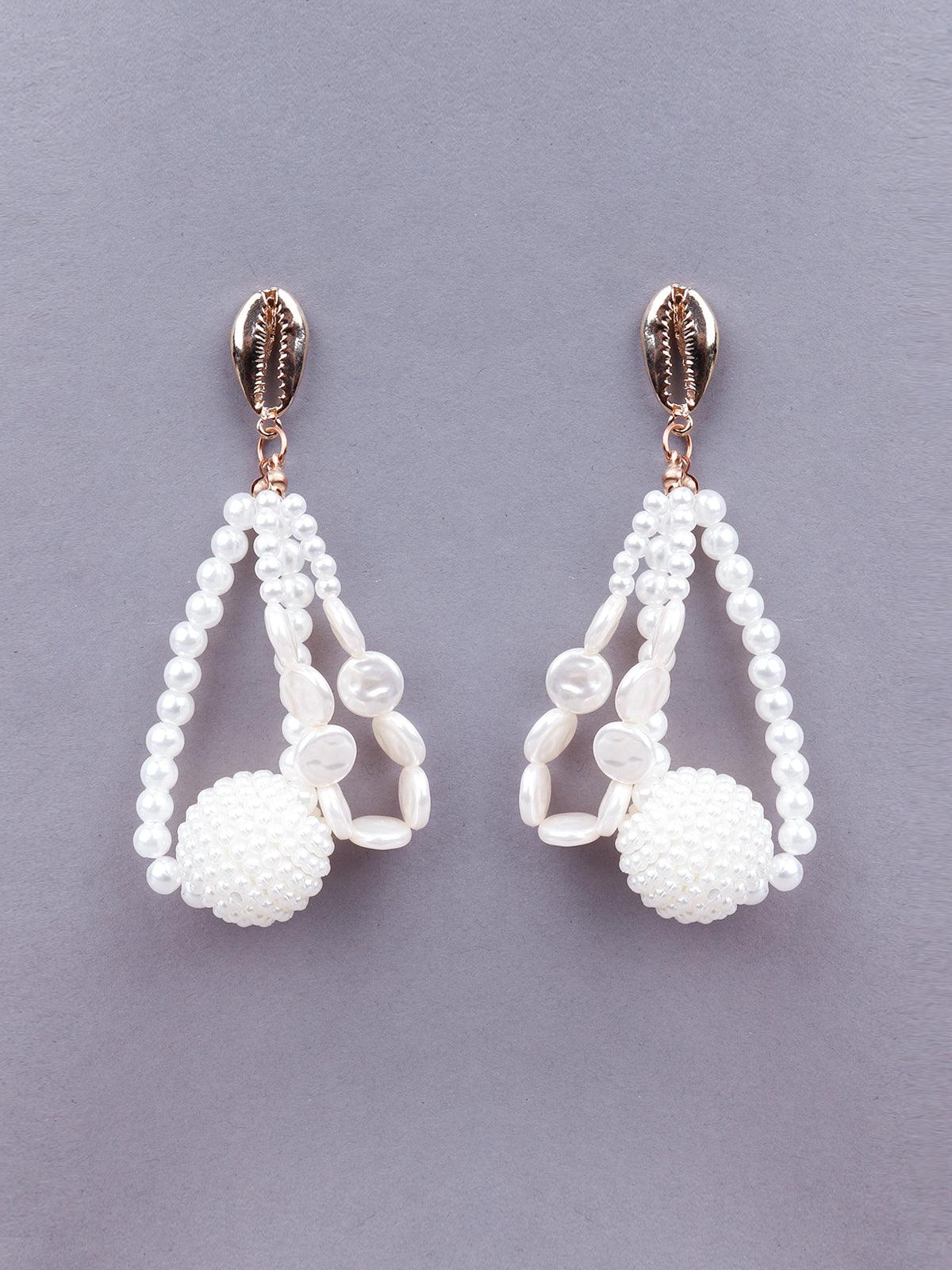 Odette White Beaded Rounded Drop Statement Earrings For Women - Image 2