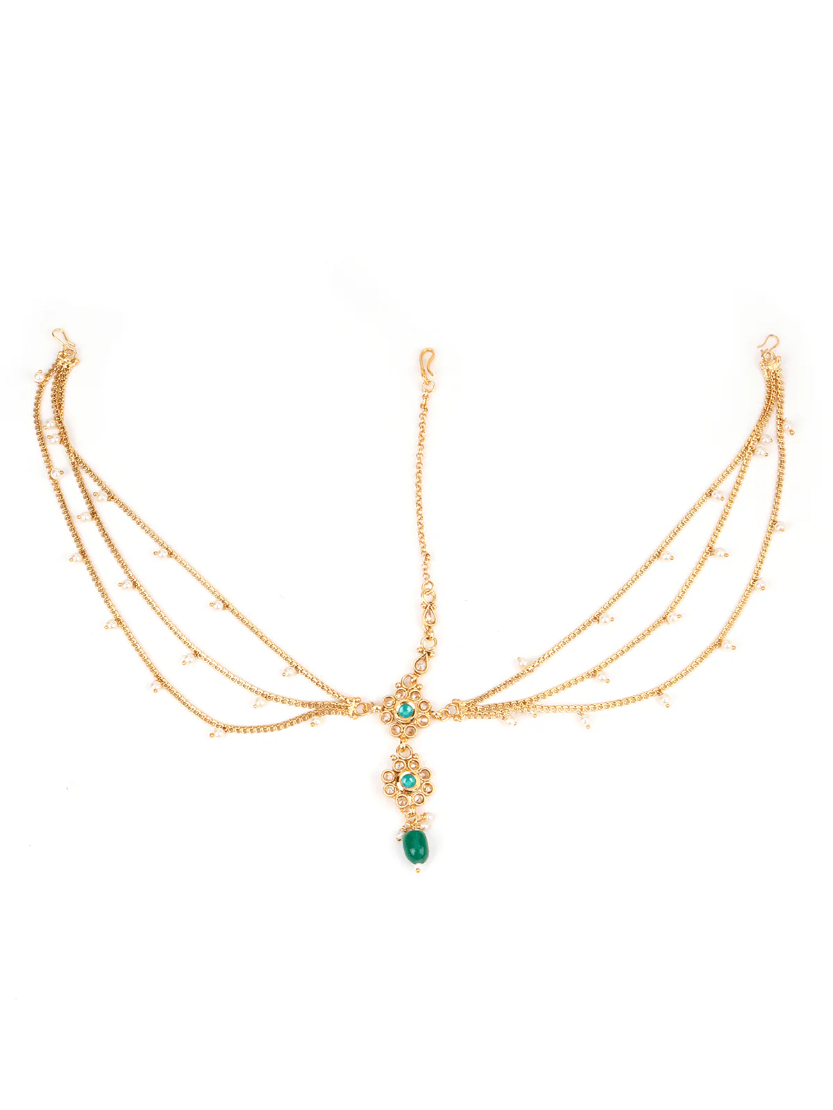 Odette Women White Beads, Green Rhinestone Maang Tikka - Image 3