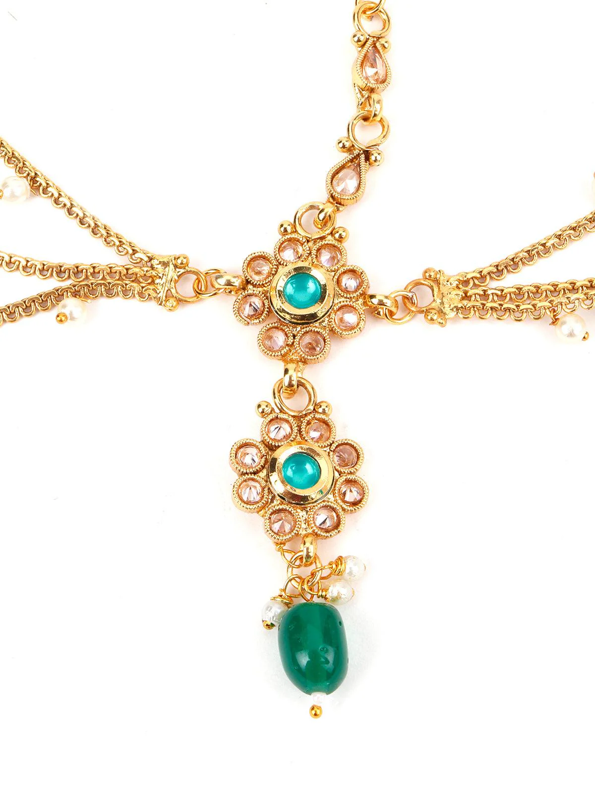 Odette Women White Beads, Green Rhinestone Maang Tikka - Image 5