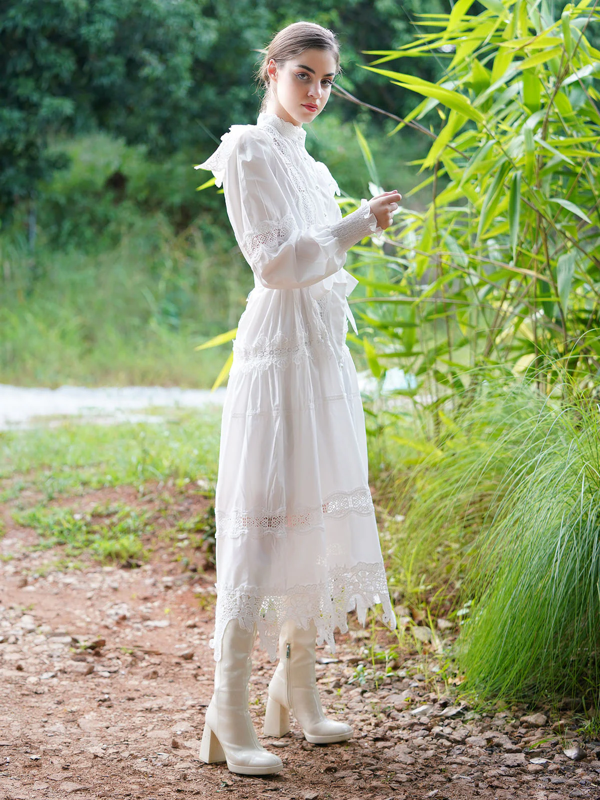 Odette Women White Brushed Cotton Long Shirt Dress With Lace - Image 2