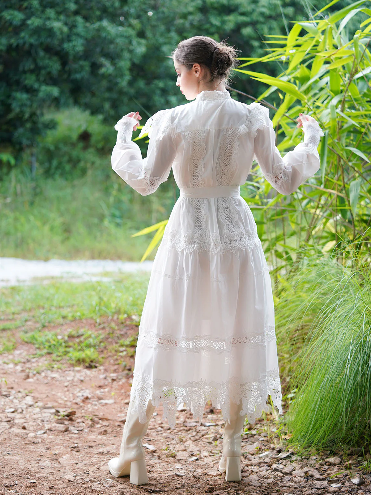 Odette Women White Brushed Cotton Long Shirt Dress With Lace - Image 4