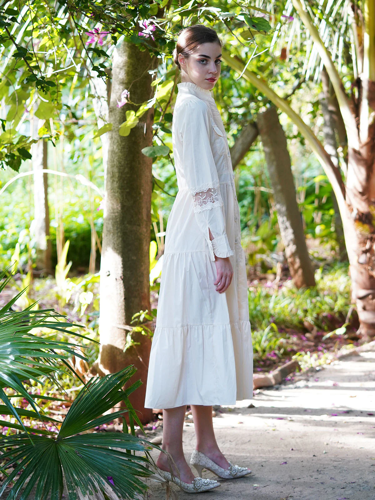 Odette Women Off White Brushed Cotton Solid Long Shirt Dress - Image 4