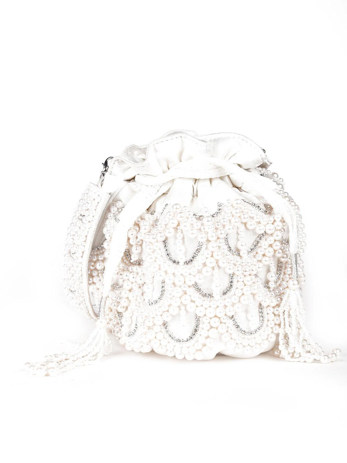 Odette Women White Classy Pearly Oyster Potli Bag - Image 3