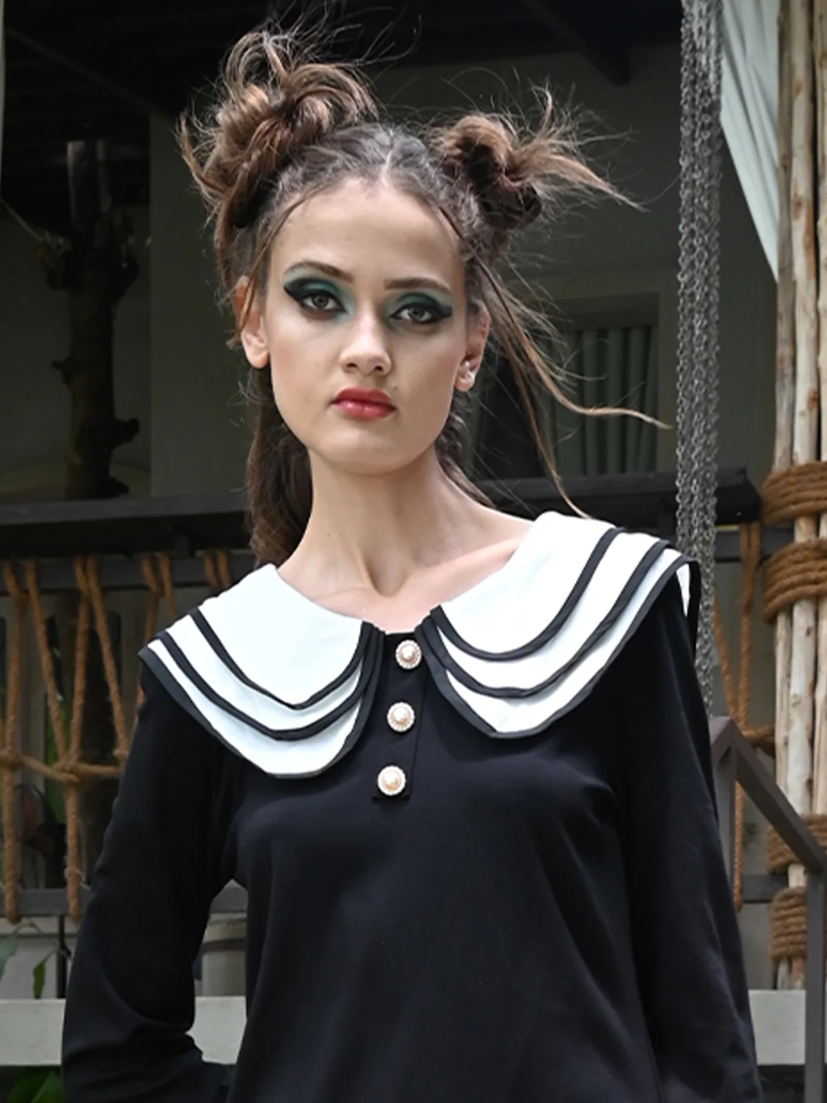 Odette Women White Collared Black Cotton Lycra Solid Dress - Image 5