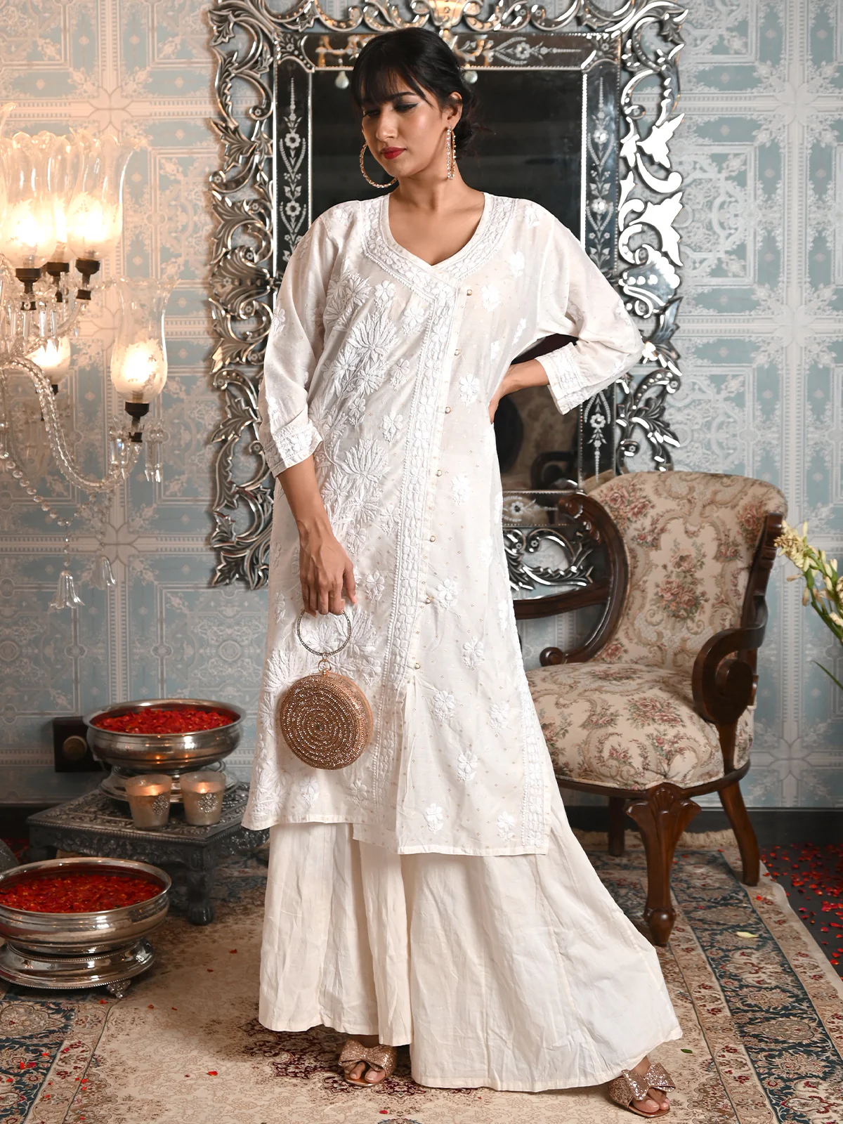 Odette Women White Mulmul Gold Woven Chikankari Embroidered Stitched Kurta - Image 2