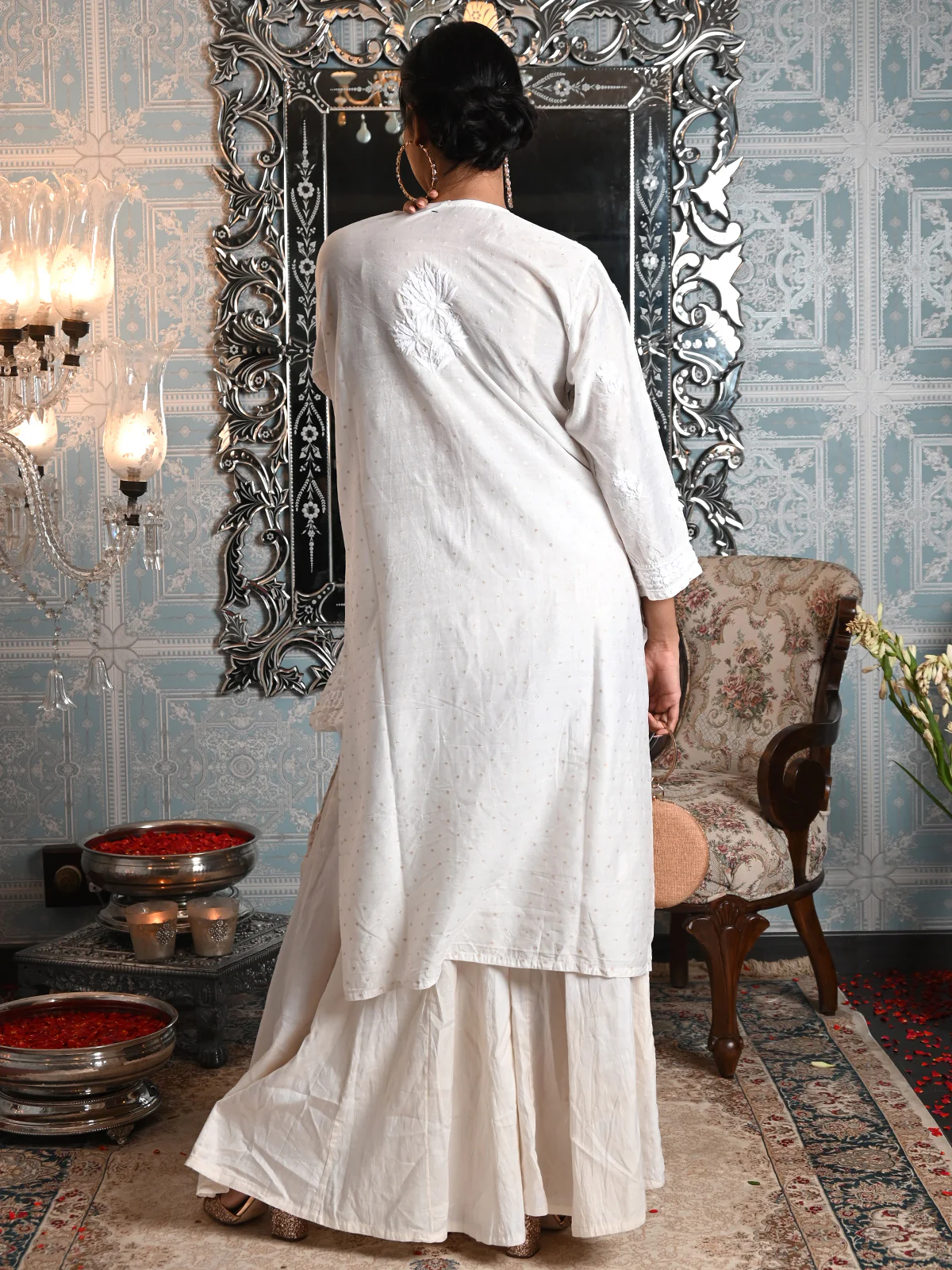 Odette Women White Mulmul Gold Woven Chikankari Embroidered Stitched Kurta - Image 4