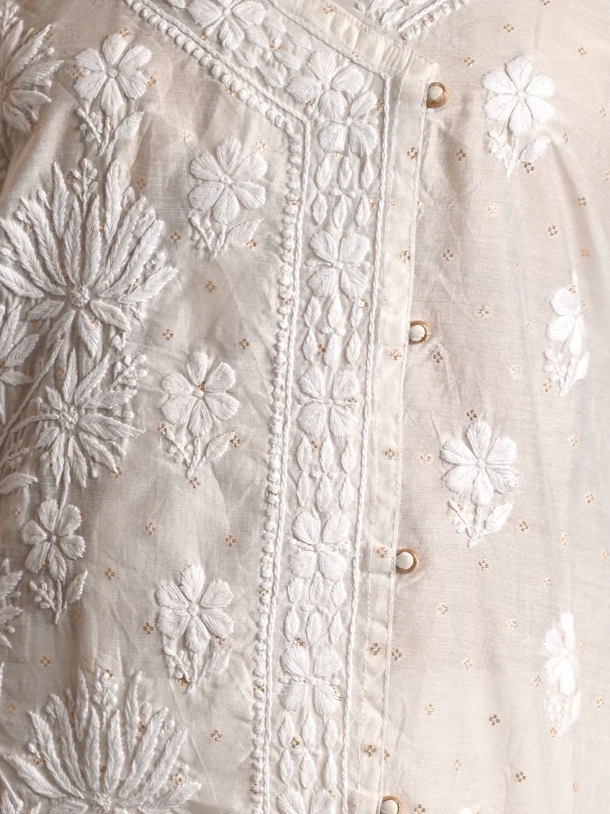 Odette Women White Mulmul Gold Woven Chikankari Embroidered Stitched Kurta - Image 5