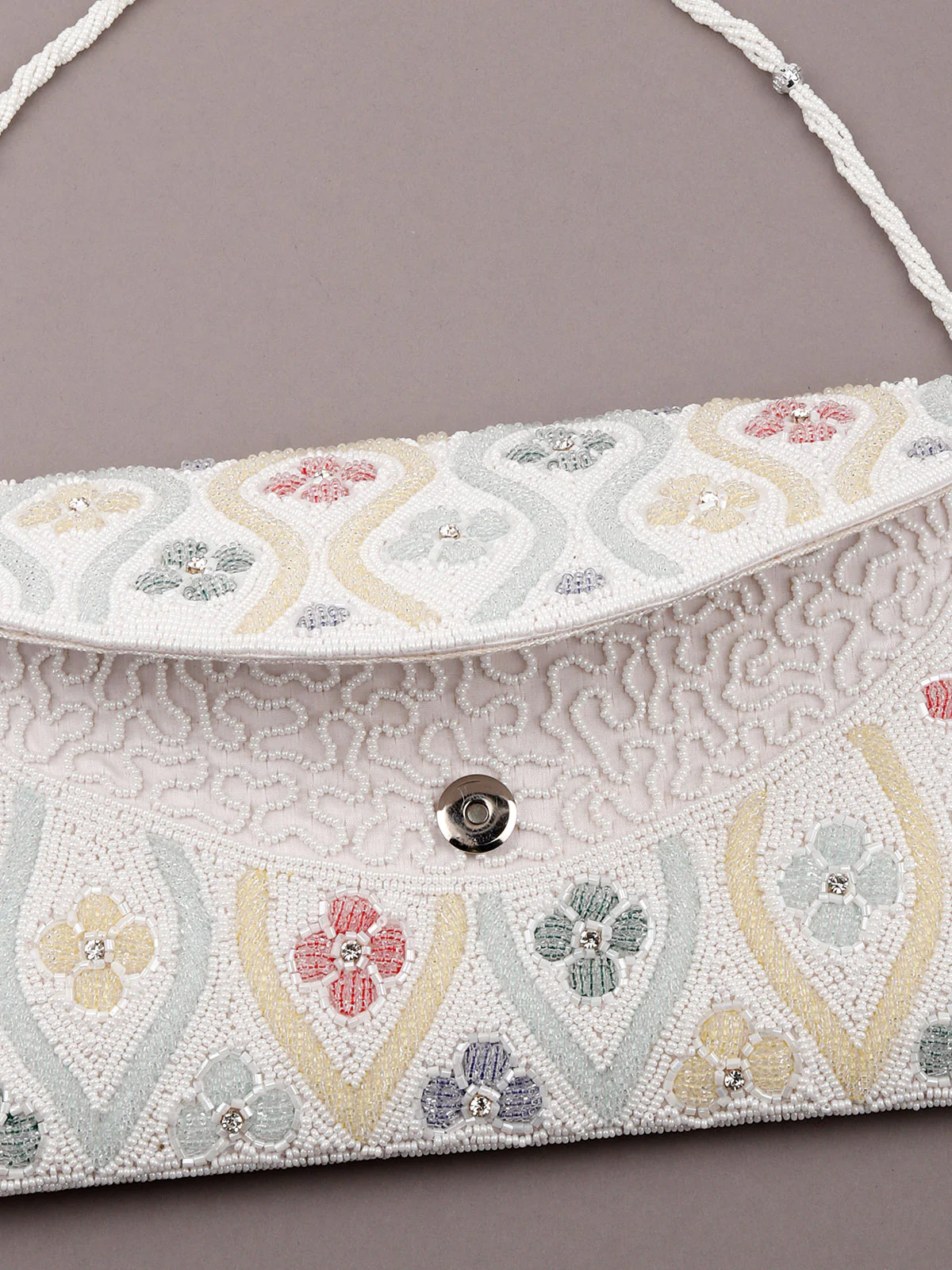 Odette Women White Cutdana Embroidered Clutch Bag - Image 4
