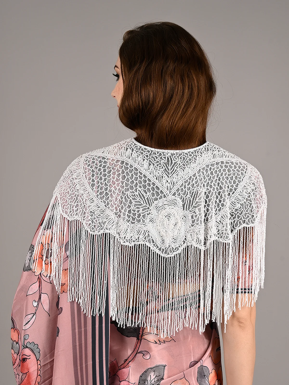 Odette Women White Beaded Net Cape - Image 3