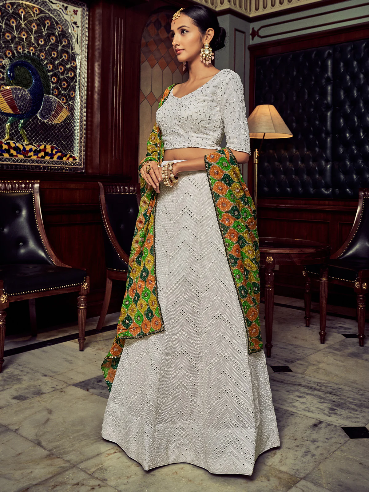 Odette Women White Embroidered Georgette Semi Stitched Lehenga With Blouse Piece - Image 3