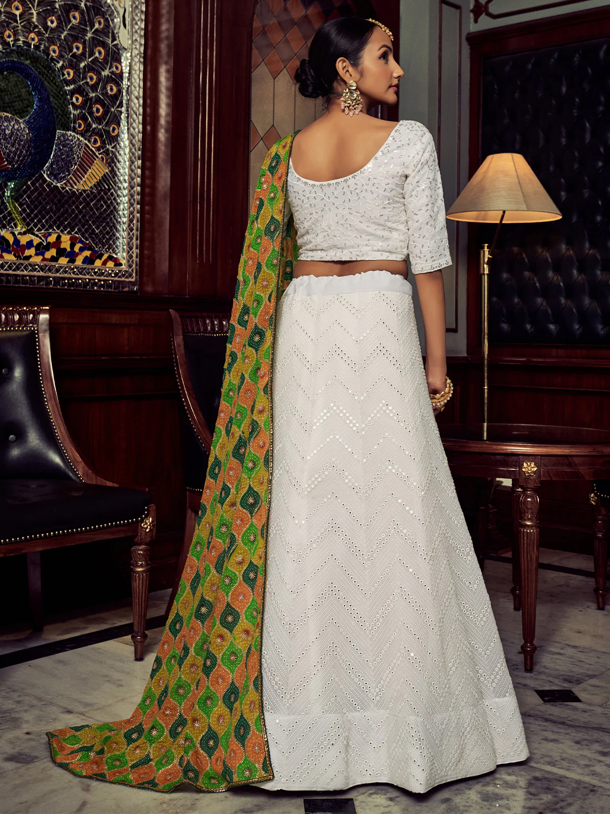 Odette Women White Embroidered Georgette Semi Stitched Lehenga With Blouse Piece - Image 5