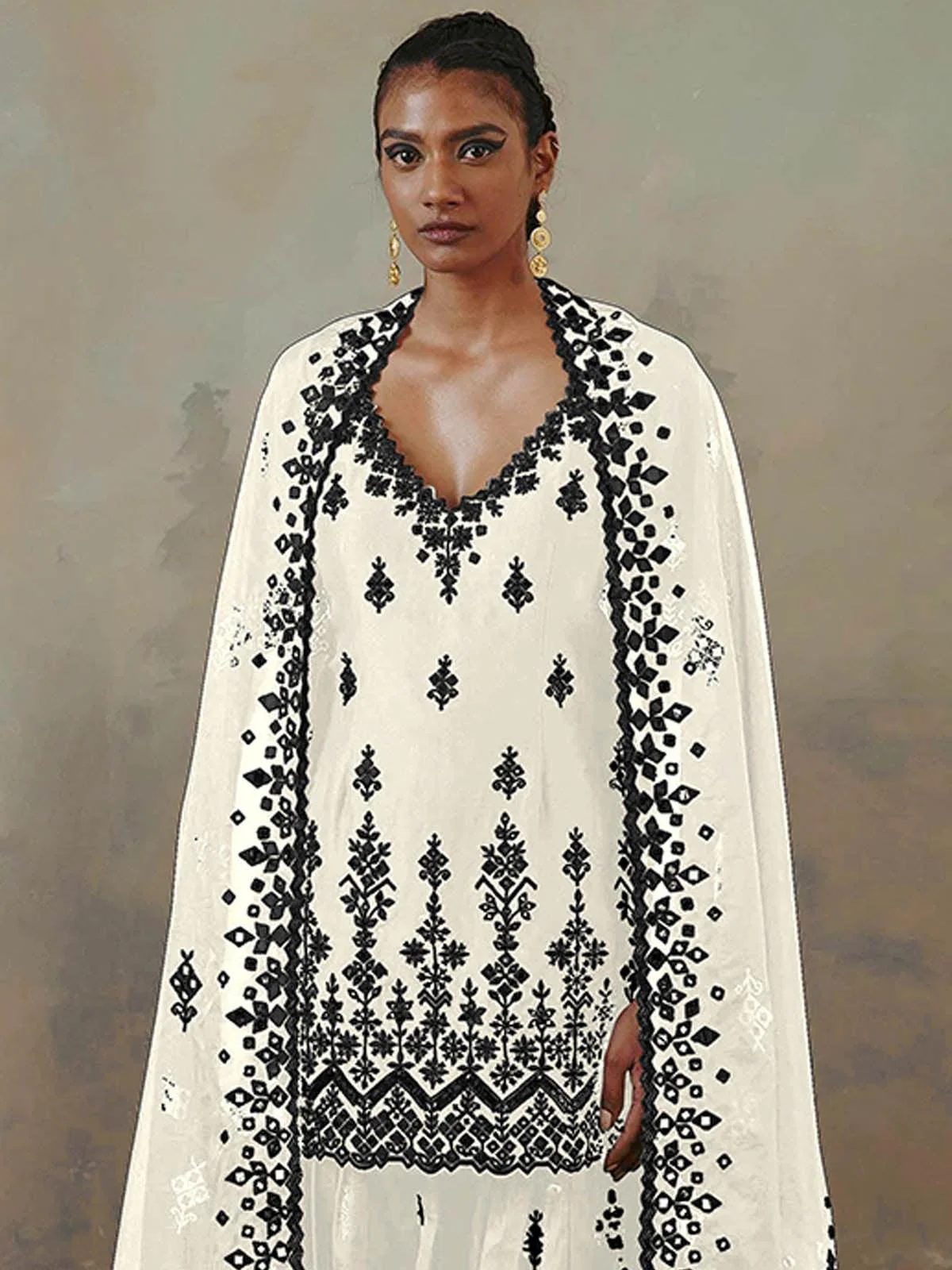 Odette White Embroidered Semi Stitched Kurta- Sharara Set For Women - Image 2
