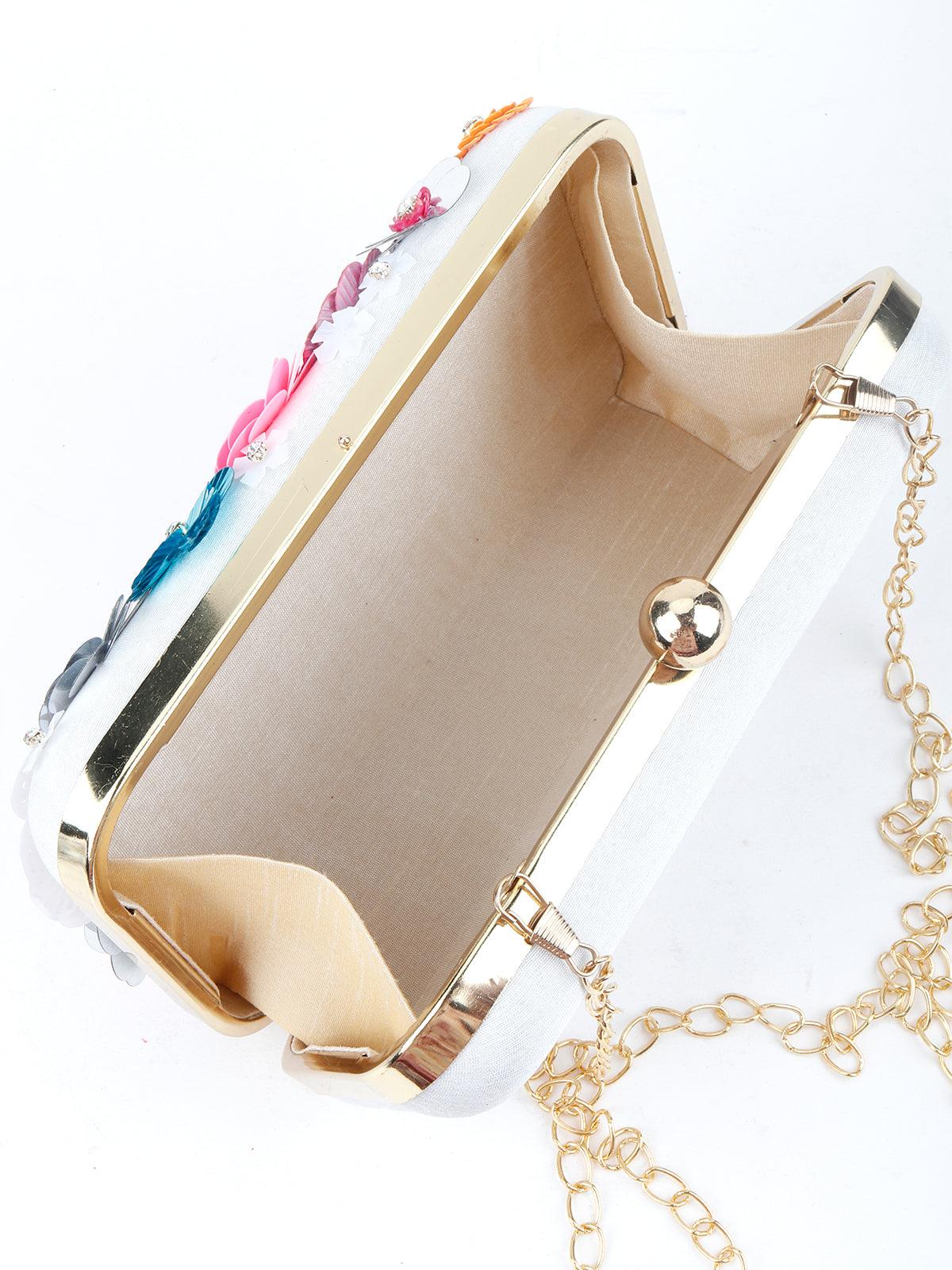 Odette Women White Floral Embellished Sequin Multicolour Clutch - Image 3