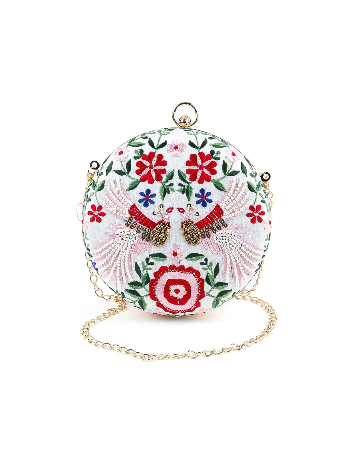 Odette Women White Floral Embroidered Round Clutch - Image 3