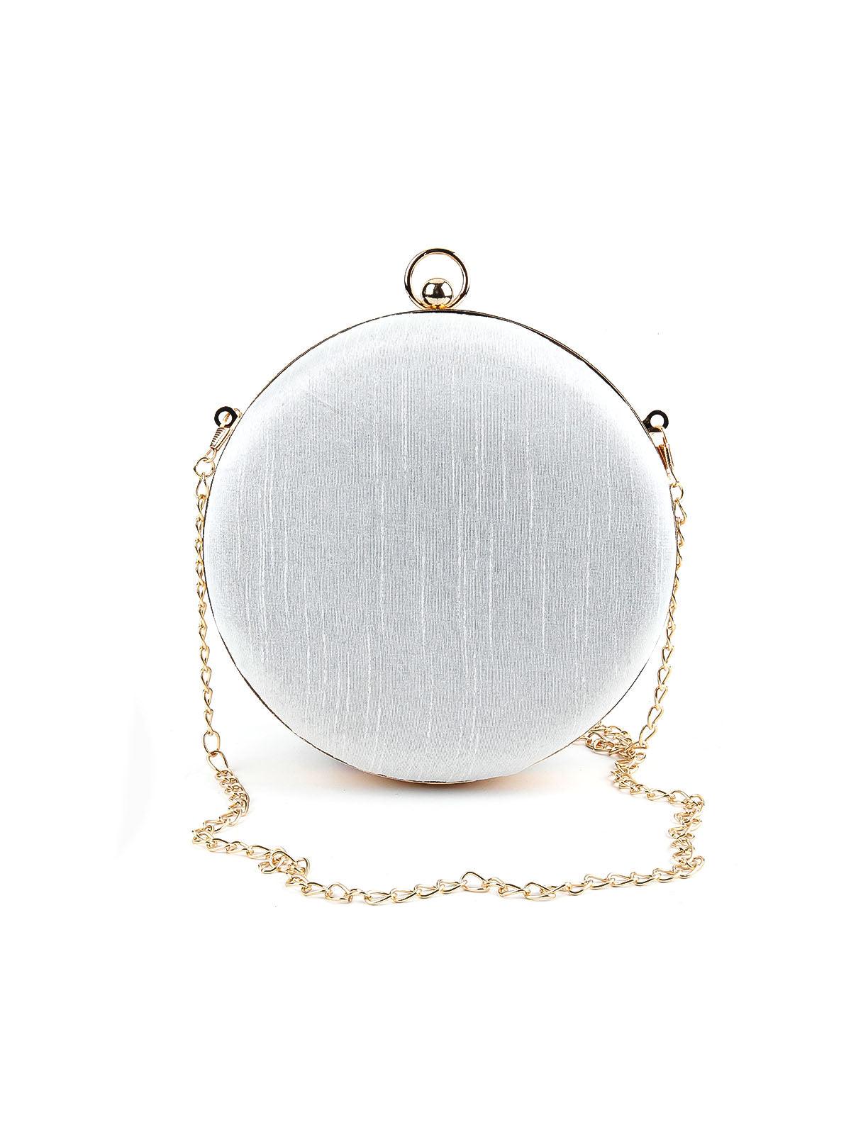 Odette Women White Floral Embroidered Round Clutch - Image 4