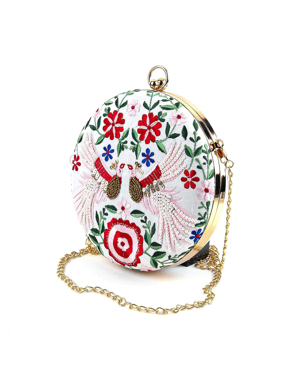 Odette Women White Floral Embroidered Round Clutch - Image 5