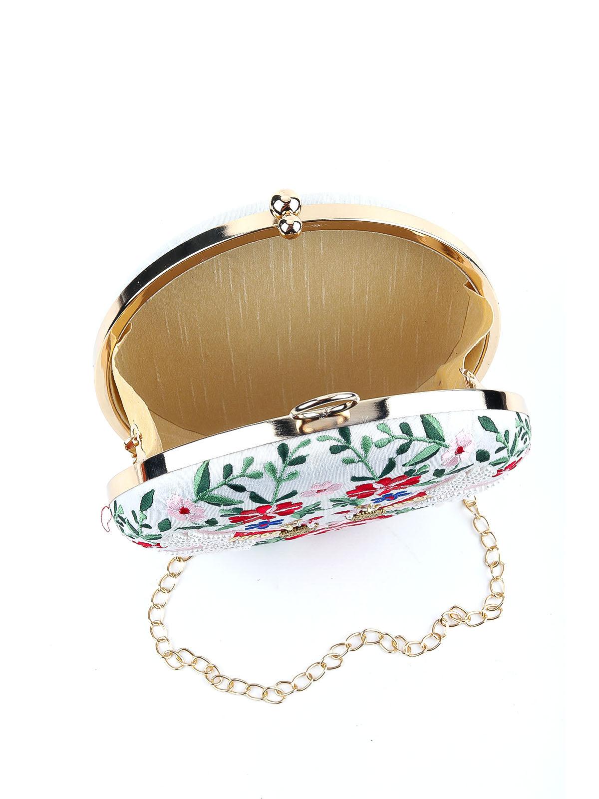 Odette Women White Floral Embroidered Round Clutch - Image 6