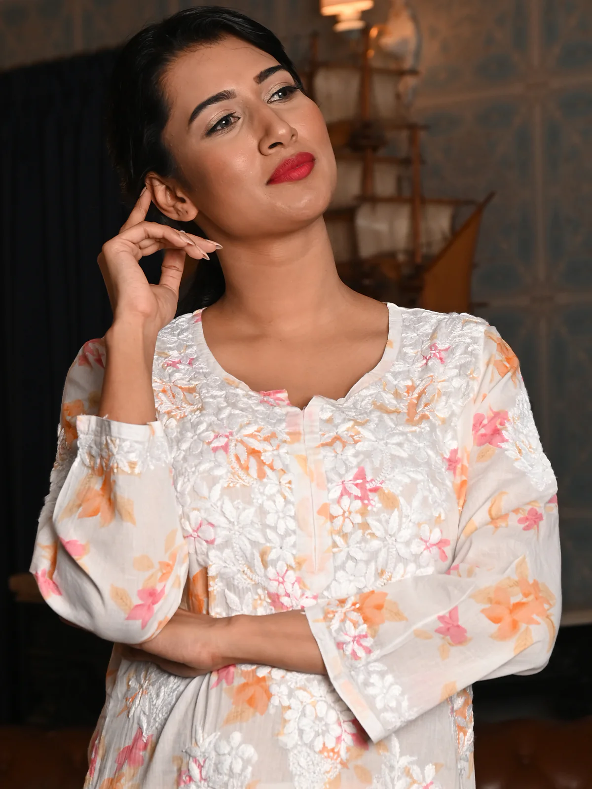 Odette Women White Floral Printed Cotton Voile Chikankari Embroidered Stitched Kurta With Palazzo - Image 4