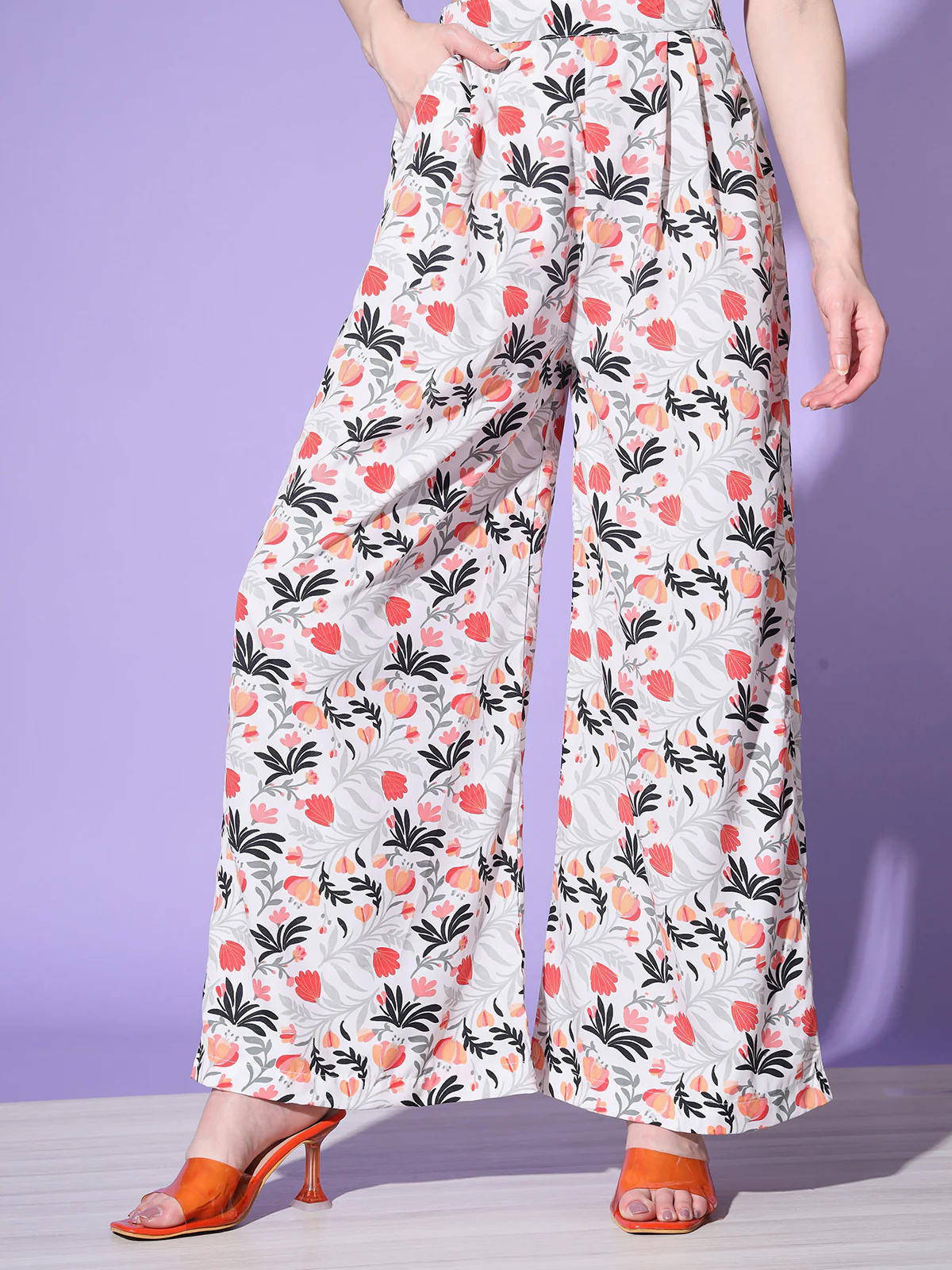 Odette Women White Floral Printed Crepe Stitched Co-Ord Set - Image 7