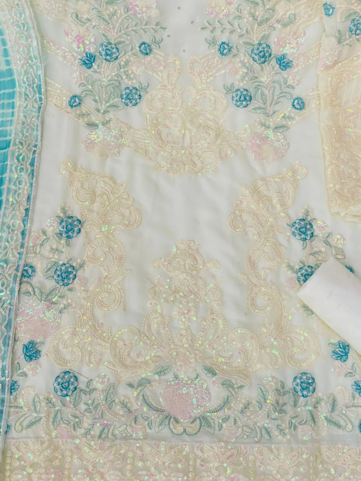 Odette Women White Floral Sequence Embroidered Work Georgette Semi Stitched Suit - Image 3