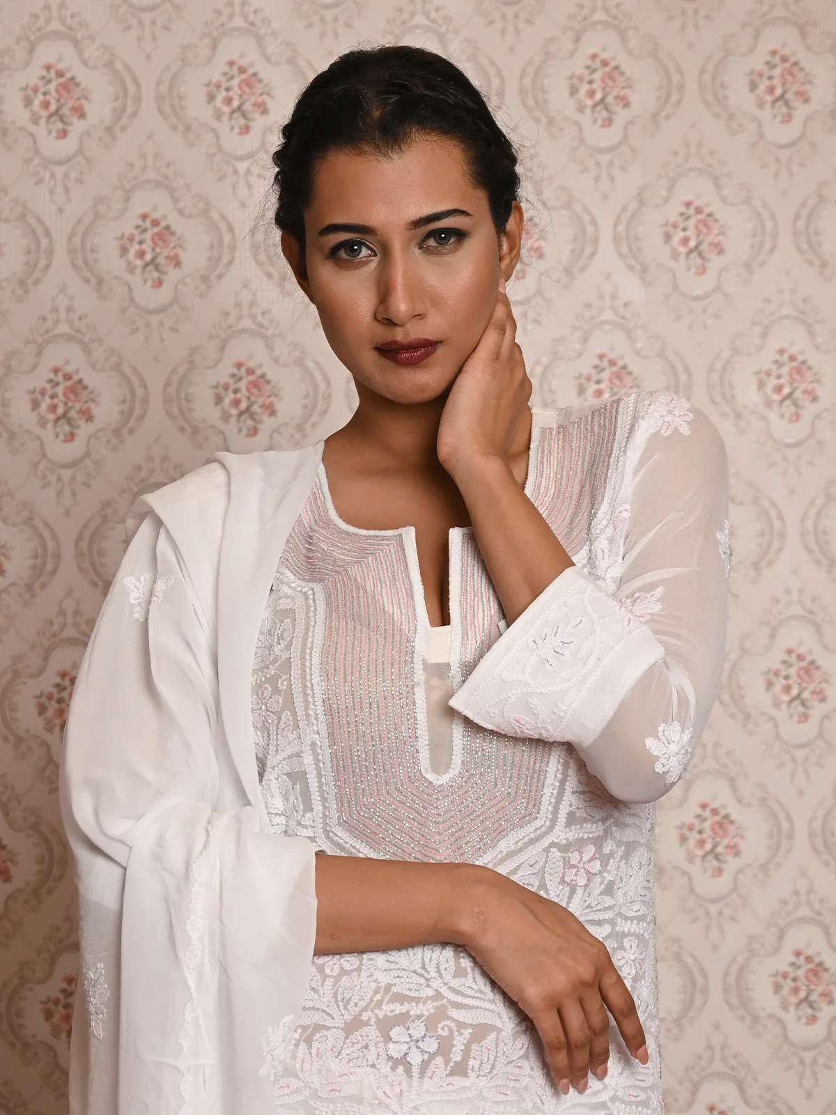 Odette Women White Georgette Chikankari Beads Embroidered Unstitched Kurta Set - Image 2