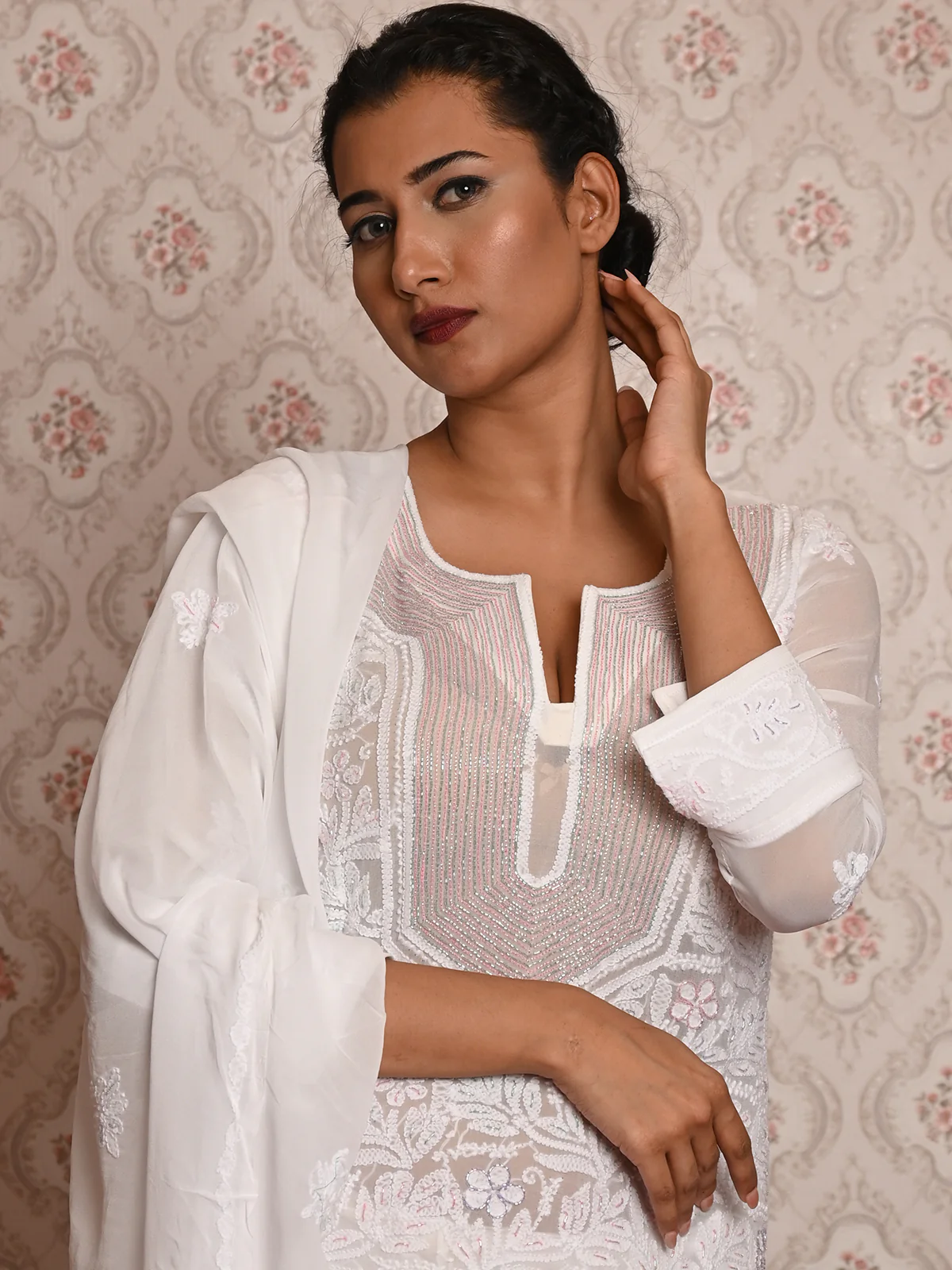 Odette Women White Georgette Chikankari Beads Embroidered Unstitched Kurta Set - Image 3