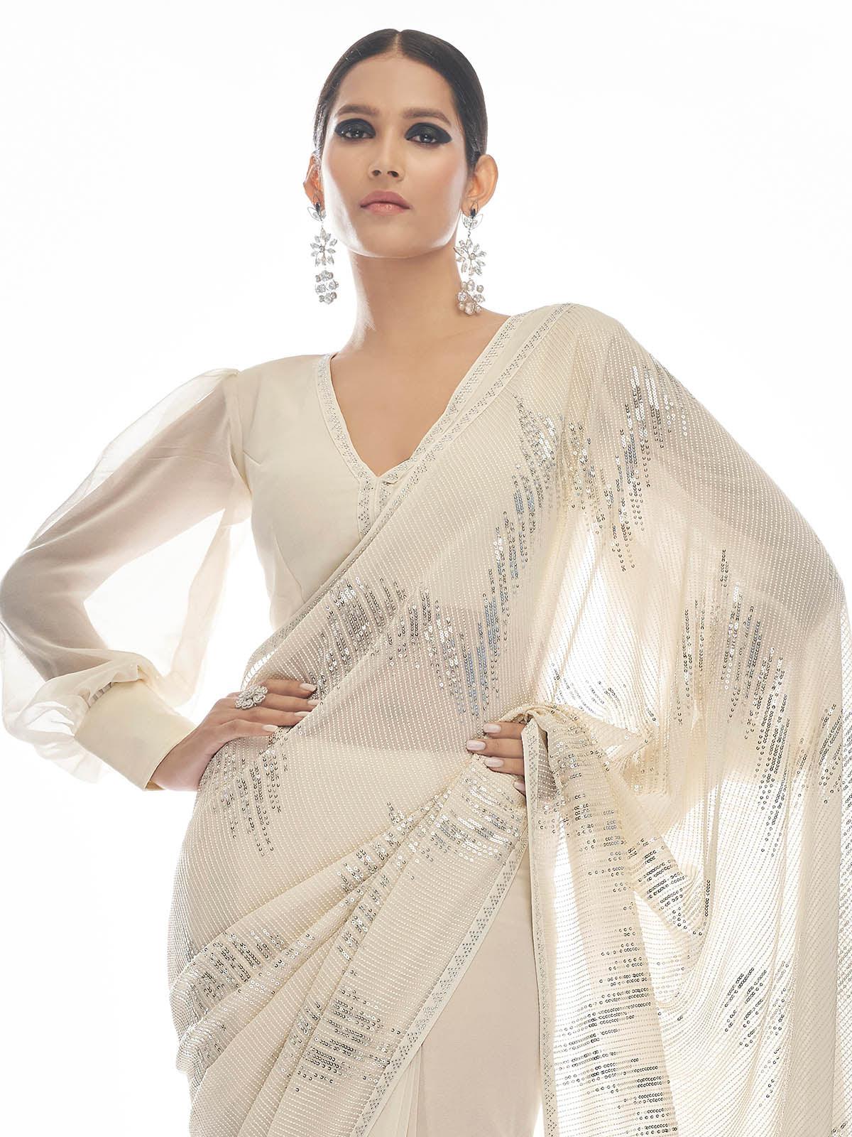 Odette Women White Georgette Sequin Saree With Unstitched Blouse - Image 2