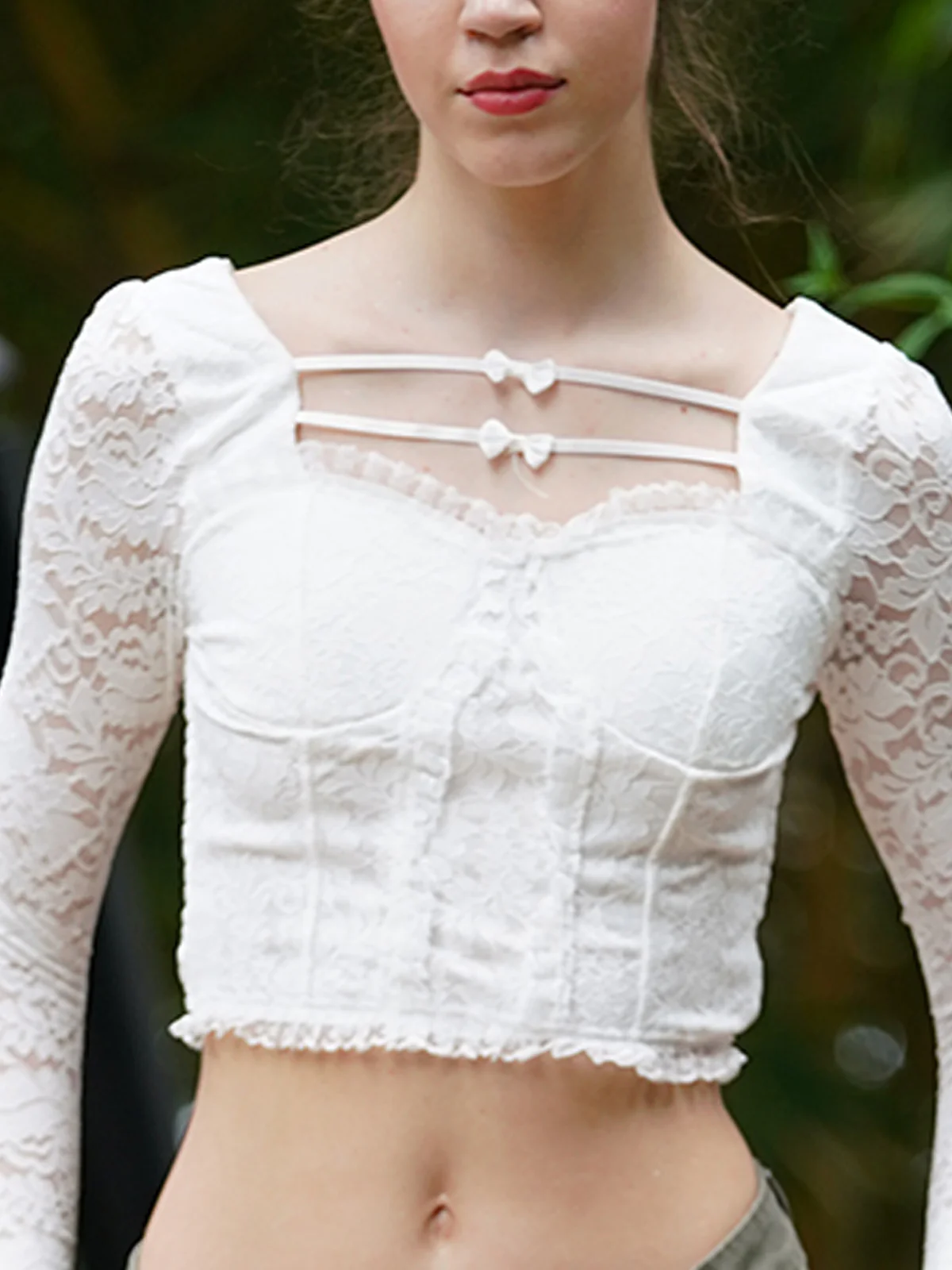 Odette Women White Lace Self Design Stitched Top - Image 5