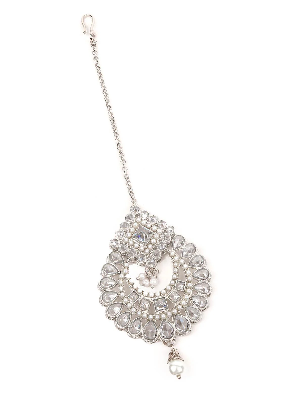 Odette Women White Long Necklace With Maangtikka Set - Image 6
