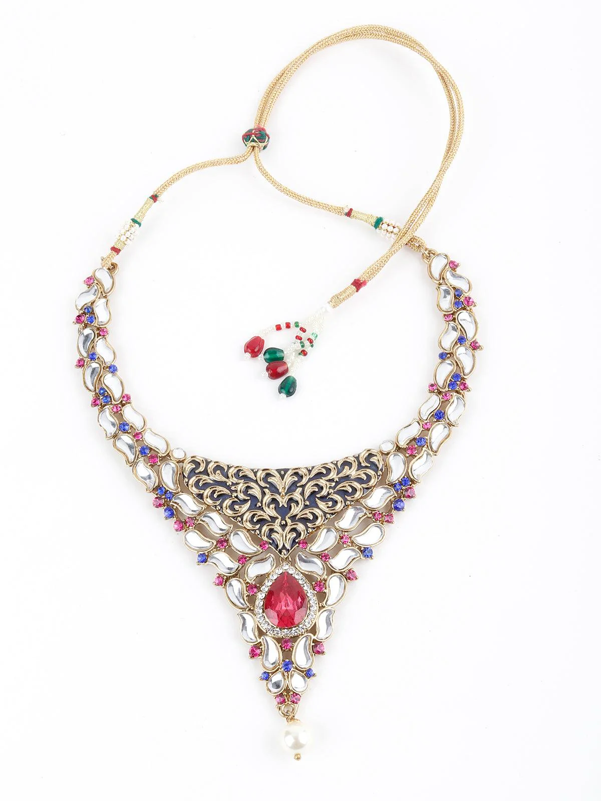 Odette Women White, Magenta And Indigo Kundan Choker Set - Image 3