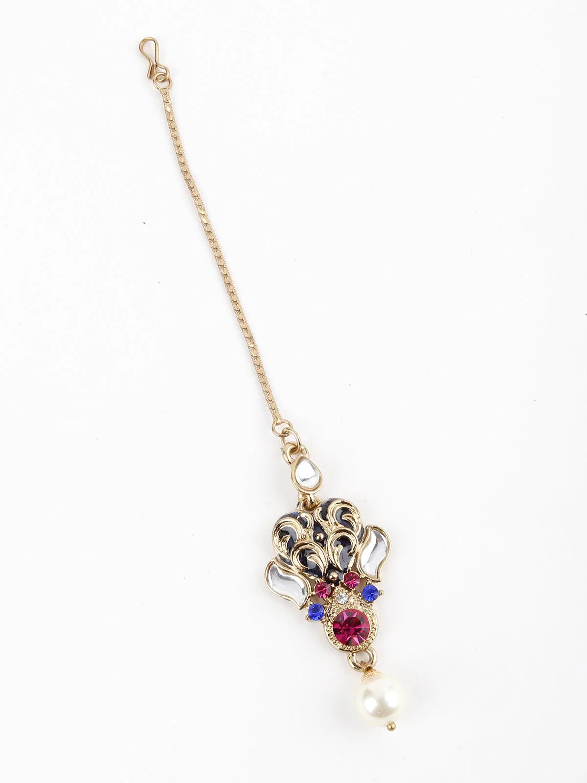 Odette Women White, Magenta And Indigo Kundan Choker Set - Image 5