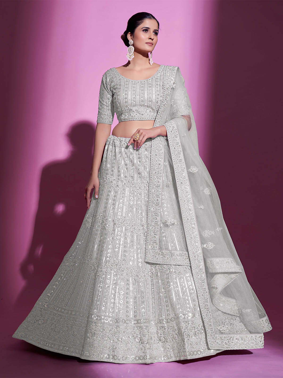 Odette Women White Net Embroidered Semi Stitched Lehenga With Unstitched Blouse - Image 3