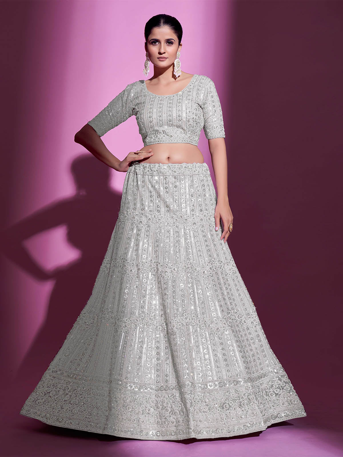 Odette Women White Net Embroidered Semi Stitched Lehenga With Unstitched Blouse - Image 5