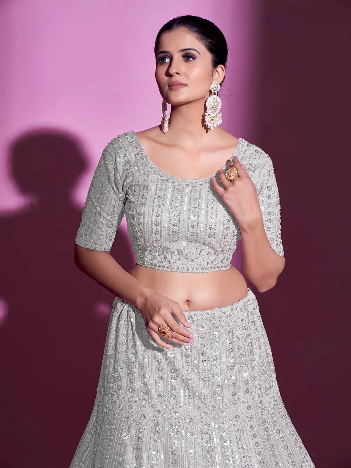 Odette Women White Net Embroidered Semi Stitched Lehenga With Unstitched Blouse - Image 8