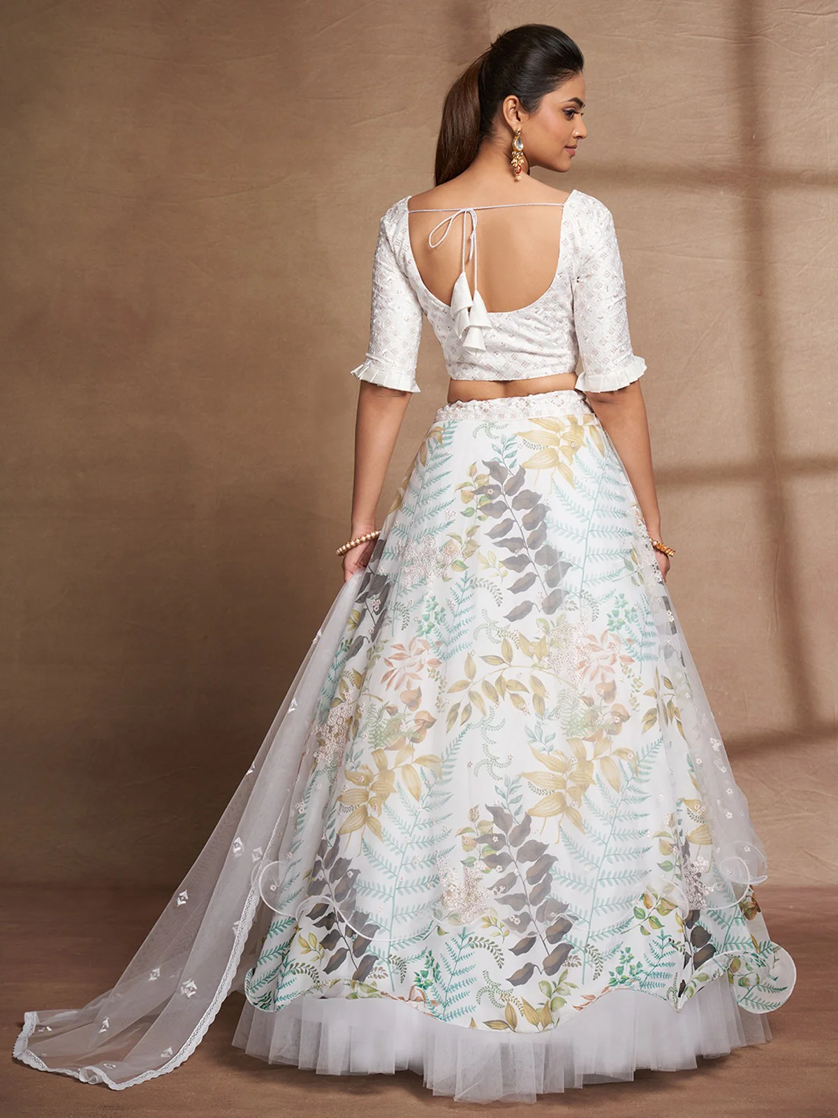 Odette Women White Net Printed Semi Stitched Lehenga Choli - Image 4