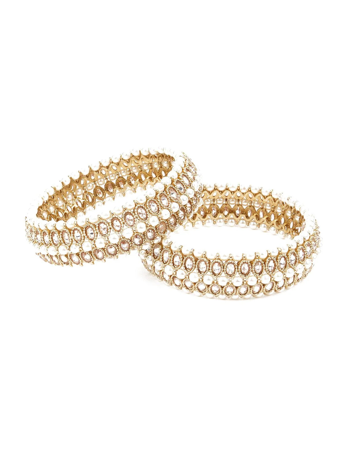 Odette Women White Pearl 3 Strand Rhinestone Bangle - Image 3