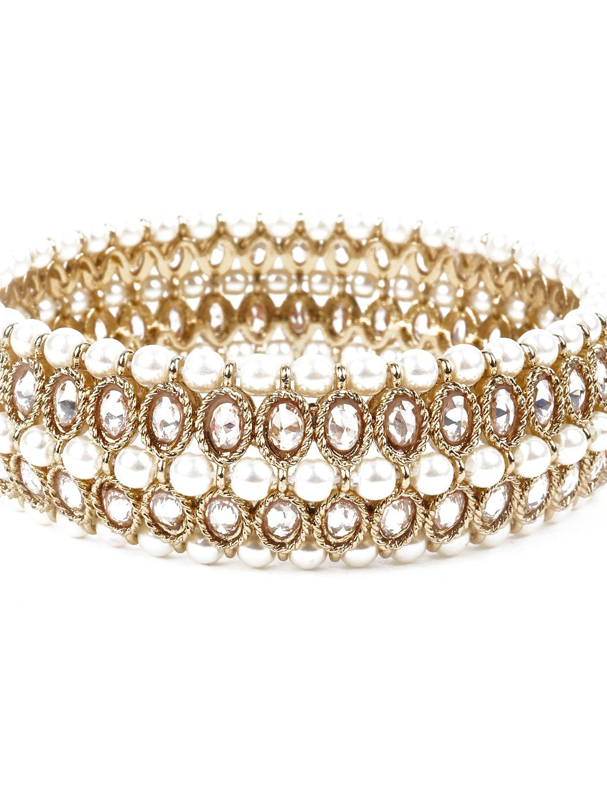 Odette Women White Pearl 3 Strand Rhinestone Bangle - Image 6